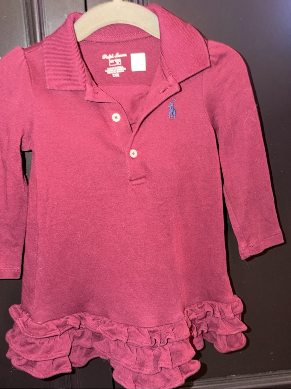 Ralph Lauren Girls Long-Sleeve Polo Dress - Burgundy with Blue Pony